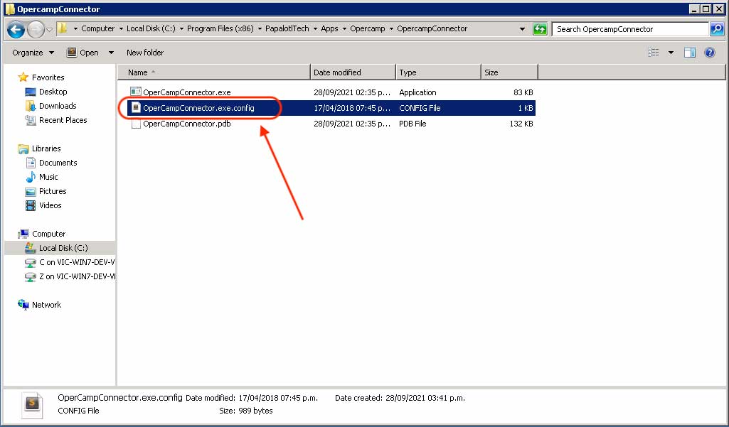 archivo de configuración del Windows Form Opercamp Connector