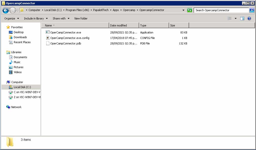 ruta de instalación de los archivos del Windows Form del Opercamp Connector